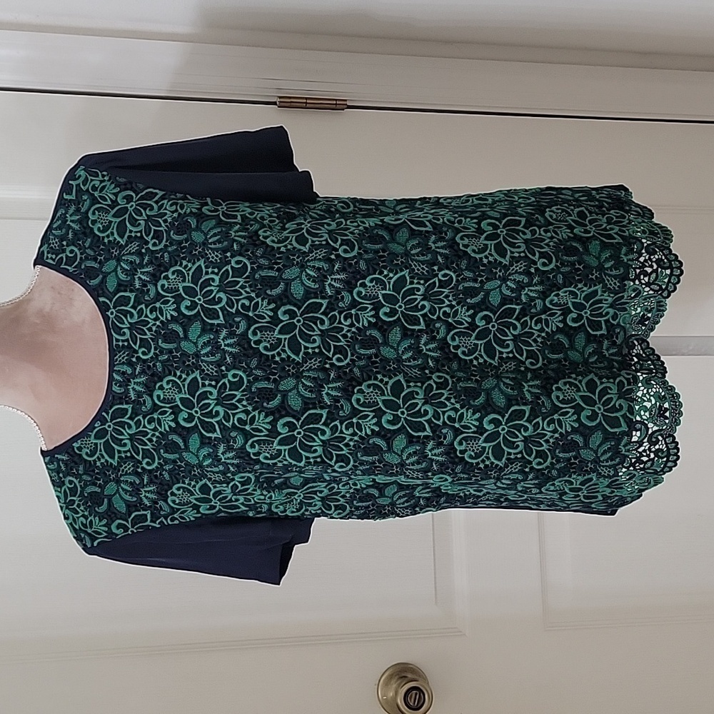 J. Crew Collection, Navy with Green Embroidered Lace Top, Silk Sleeves, Size 8